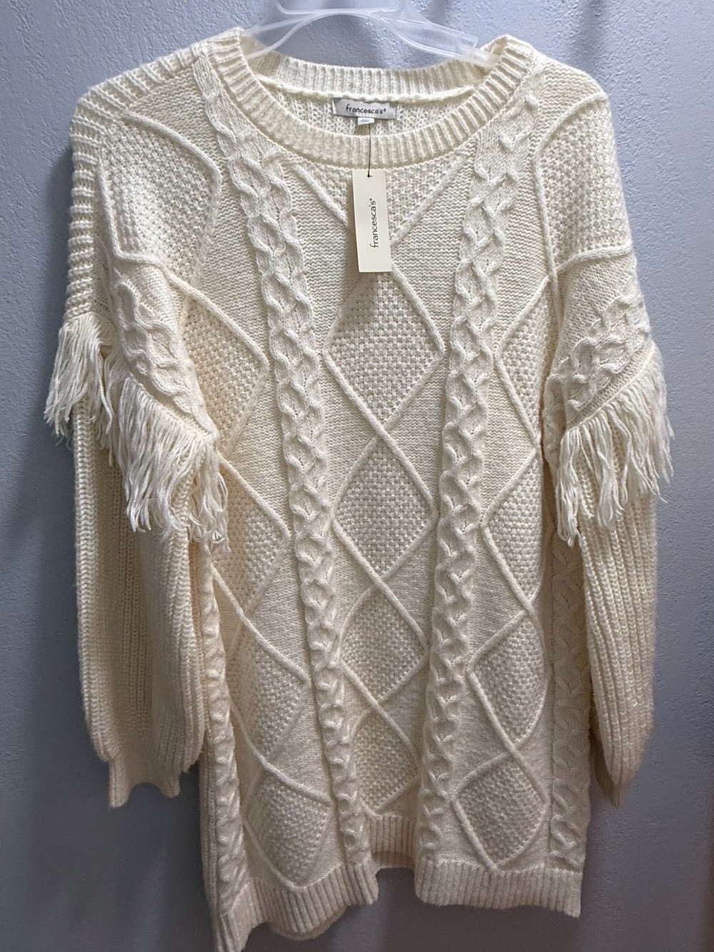 Francesca's Collections Ivory Cable-Knit Fringe Crewneck Sweater Dress